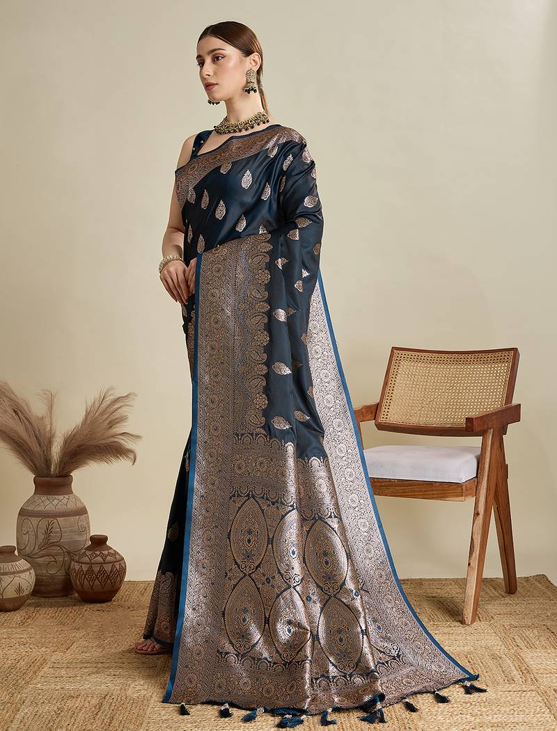 teal blue color embroidery with  zari work satin saree with blouse
