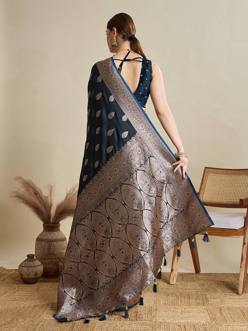 teal blue color embroidery with  zari work satin saree with blouse