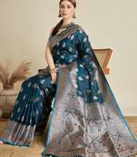 blue color embroidery with  zari work satin saree with blouse