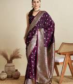 wine color embroidery with  zari work satin saree with blouse