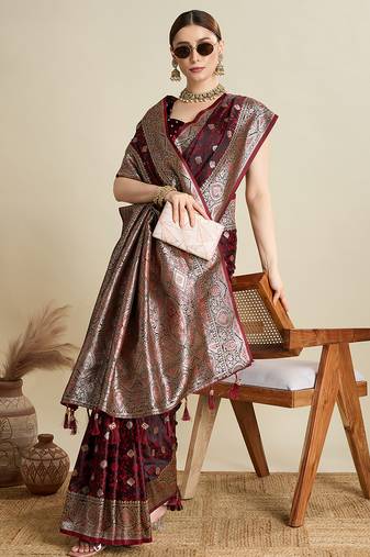 maroon color embroidery with  zari work satin saree with blouse