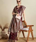 maroon color embroidery with  zari work satin saree with blouse