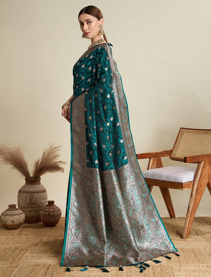 green color embroidery with  zari work satin saree with blouse