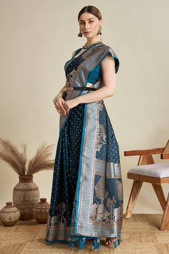 blue color embroidery with  zari work satin saree with blouse