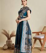 blue color embroidery with  zari work satin saree with blouse