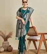 dark green color embroidery with  zari work satin saree with blouse