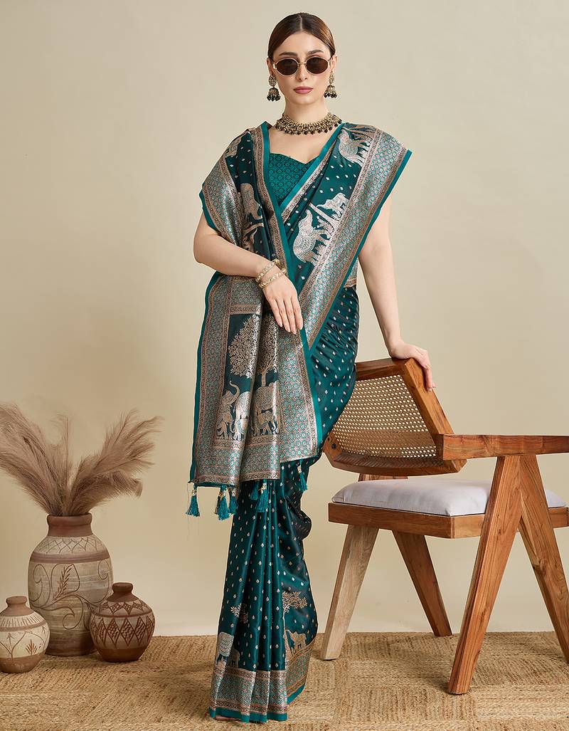 dark green color embroidery with  zari work satin saree with blouse