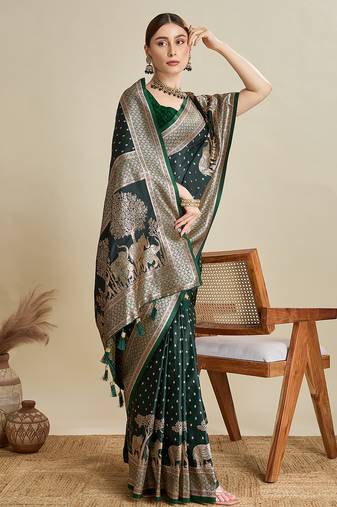black color embroidery with  zari work satin saree with blouse