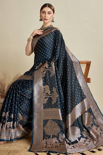 teal blue color embroidery with  zari work satin saree with blouse