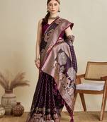 wine color embroidery with  zari work satin saree with blouse