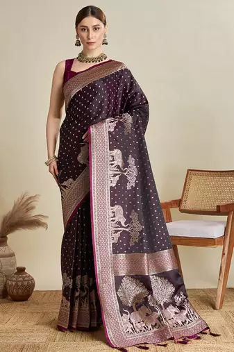 wine color embroidery with  zari work satin saree with blouse