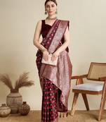 maroon color embroidery with  zari work satin saree with blouse