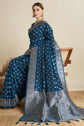 blue color embroidery with  zari work satin saree with blouse