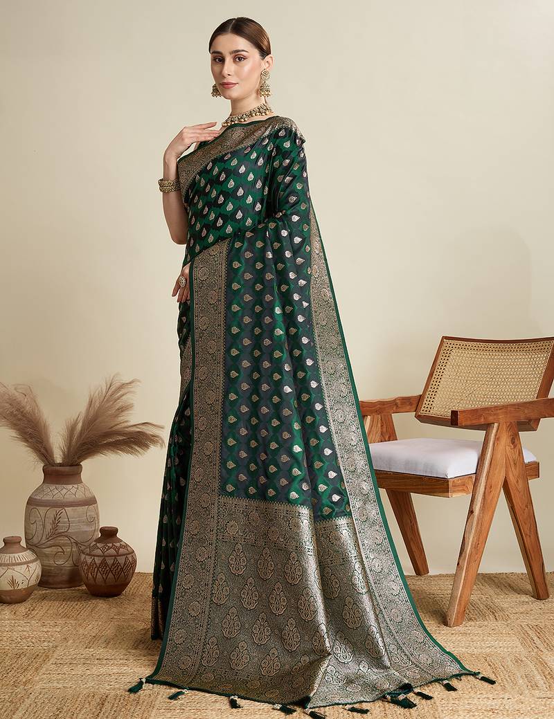 dark green color embroidery with  zari work satin saree with blouse
