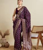 wine color embroidery with  zari work satin saree with blouse