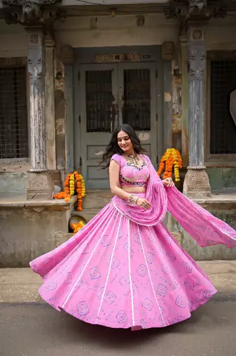 Women's  Bandhej Printed Georgette Free Size Lehenga Choli Set with Dupatta