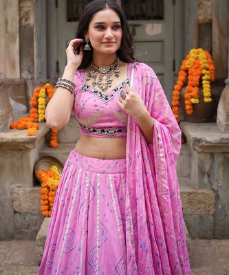 Women's  Bandhej Printed Georgette Free Size Lehenga Choli Set with Dupatta 2