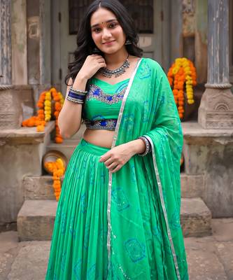 Women's  Bandhej Printed Georgette Free Size Lehenga Choli Set with Dupatta 2