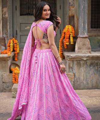 Women's  Bandhej Printed Georgette Free Size Lehenga Choli Set with Dupatta 3