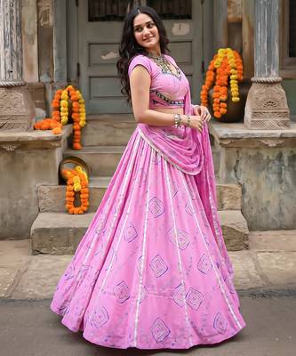 Women's  Bandhej Printed Georgette Free Size Lehenga Choli Set with Dupatta 4