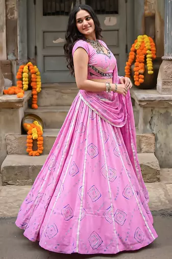 Women's  Bandhej Printed Georgette Free Size Lehenga Choli Set with Dupatta