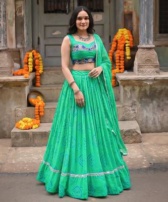 Women's  Bandhej Printed Georgette Free Size Lehenga Choli Set with Dupatta 4