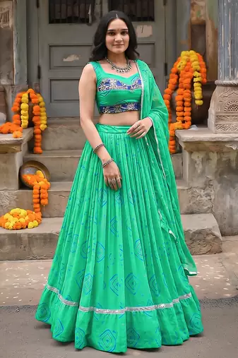 Women's  Bandhej Printed Georgette Free Size Lehenga Choli Set with Dupatta