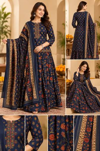 Women’s Pure Cotton kalamkari Printed 3 Piece Skirt Top Dupatta Set | Ethnic Wear