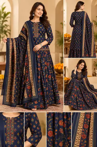 Women’s Pure Cotton kalamkari Printed 3 Piece Skirt Top Dupatta Set | Ethnic Wear