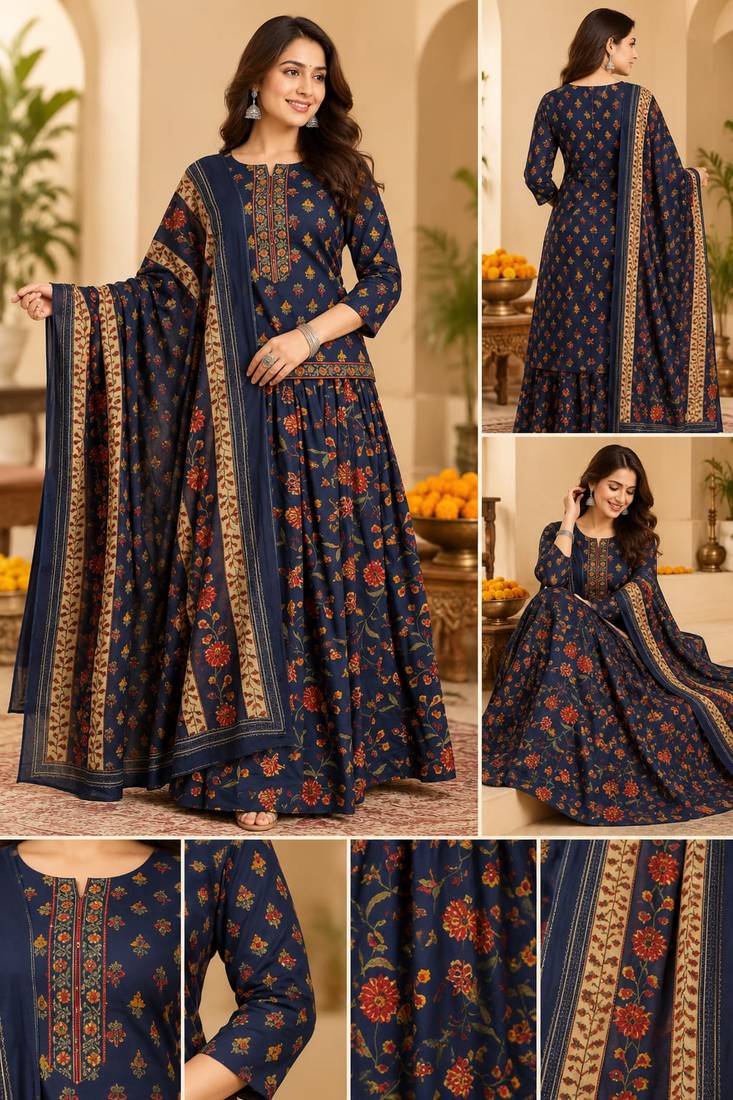 Women’s Pure Cotton kalamkari Printed 3 Piece Skirt Top Dupatta Set | Ethnic Wear