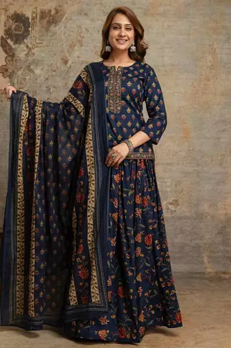 Women’s Pure Cotton kalamkari Printed 3 Piece Skirt Top Dupatta Set | Ethnic Wear