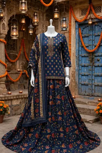 Women’s Pure Cotton kalamkari Printed 3 Piece Skirt Top Dupatta Set | Ethnic Wear