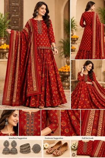 Women’s Pure Cotton Printed 3 Piece Skirt Top Dupatta Set | Ethnic Wear