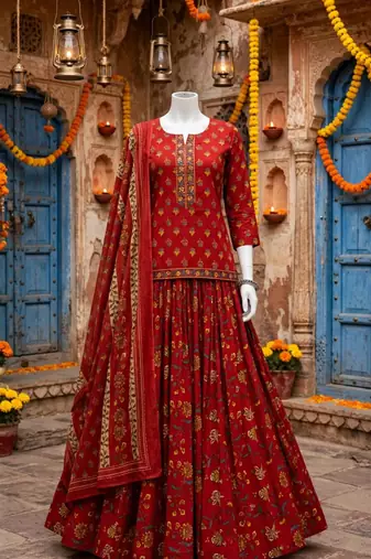 Women’s Pure Cotton Printed 3 Piece Skirt Top Dupatta Set | Ethnic Wear