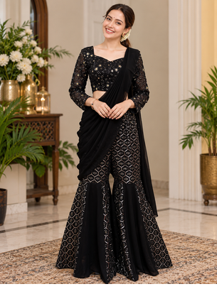 black color thread and sequence work faux georgette choli sharara set 1