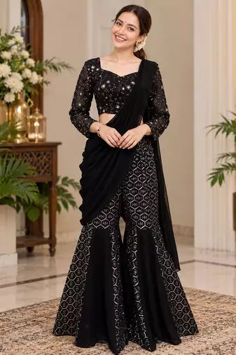 black color thread and sequence work faux georgette choli sharara set