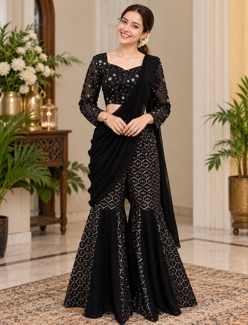 black color thread and sequence work faux georgette choli sharara set