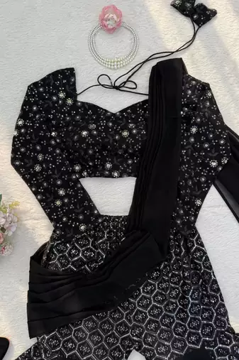 black color thread and sequence work faux georgette choli sharara set