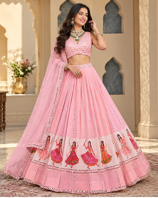 Peach Digital Print Mirror Work Georgette Lehenga Choli 1