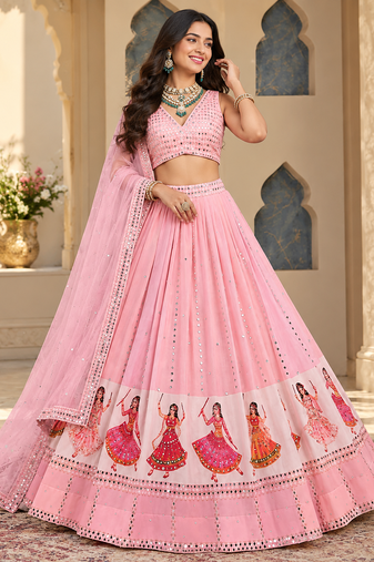 Peach Digital Print Mirror Work Georgette Lehenga Choli