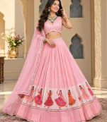 Peach Digital Print Mirror Work Georgette Lehenga Choli