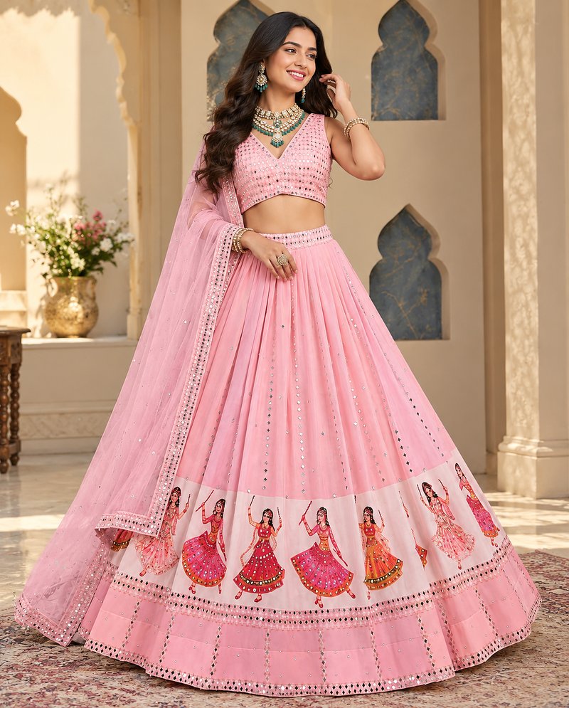 Peach Digital Print Mirror Work Georgette Lehenga Choli