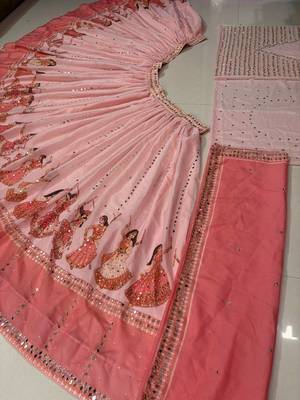 Peach Digital Print Mirror Work Georgette Lehenga Choli 2