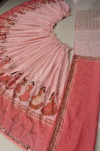 Peach Digital Print Mirror Work Georgette Lehenga Choli