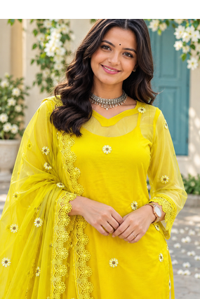 yellow color thread and lace work organza salwar kameez set 2