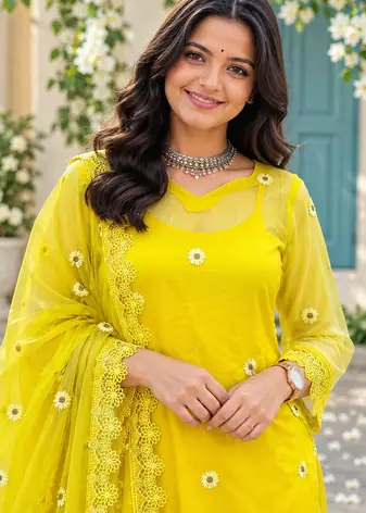 yellow color thread and lace work organza salwar kameez set