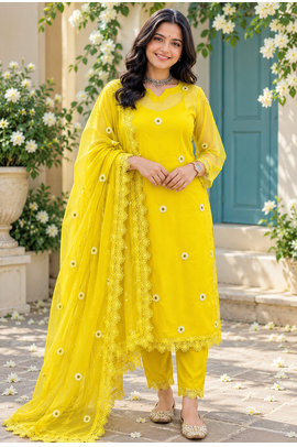 yellow color thread and lace work organza salwar kameez set 1