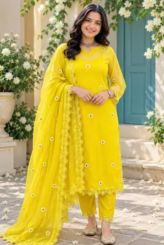 yellow color thread and lace work organza salwar kameez set