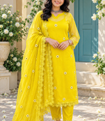yellow color thread and lace work organza salwar kameez set