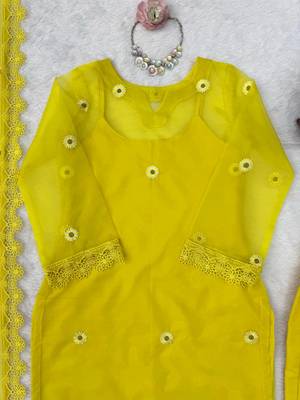 yellow color thread and lace work organza salwar kameez set 4